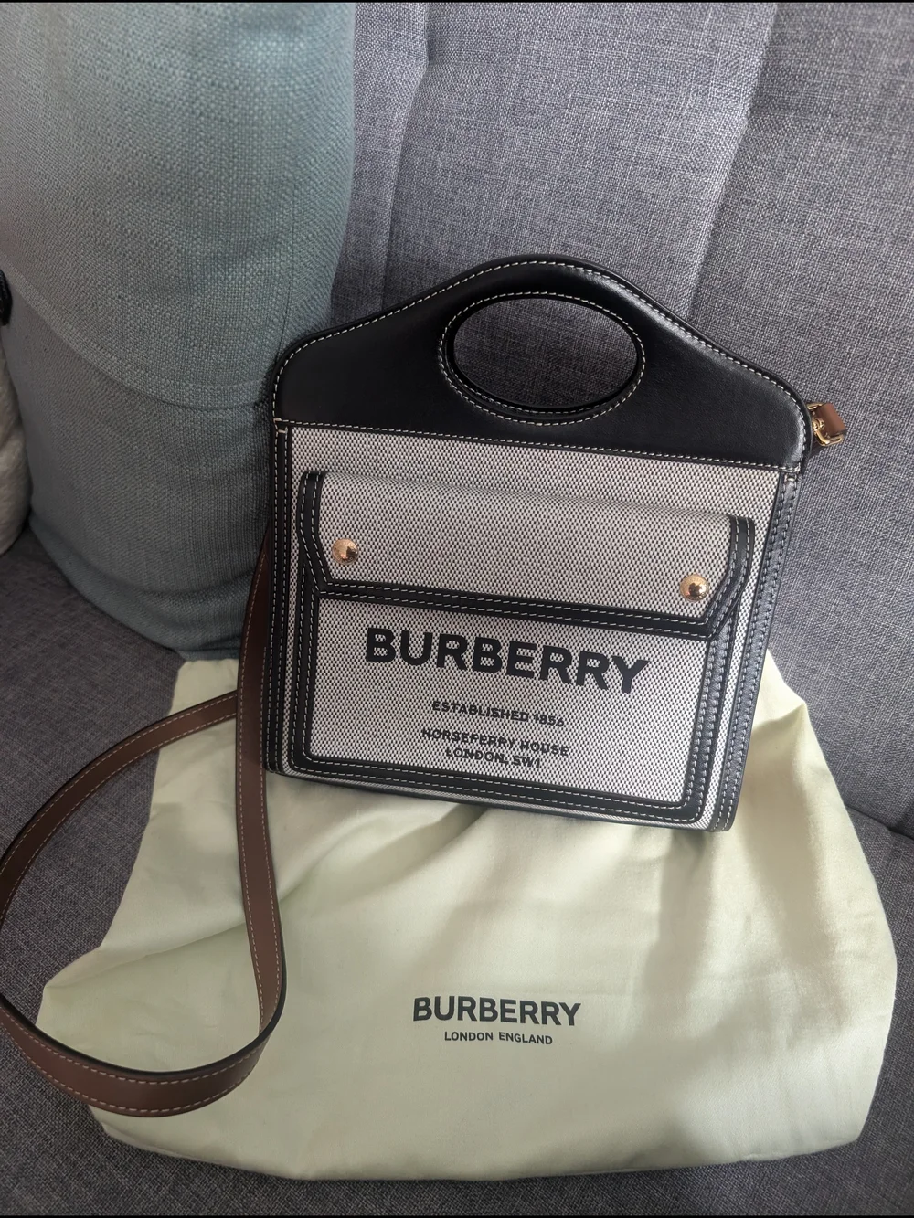 Burberry Black & White Canvas Tote Bag with Top Handle